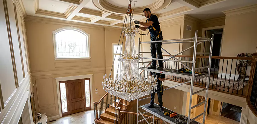 Two-Story Foyer Chandelier Installation in Fitchburg